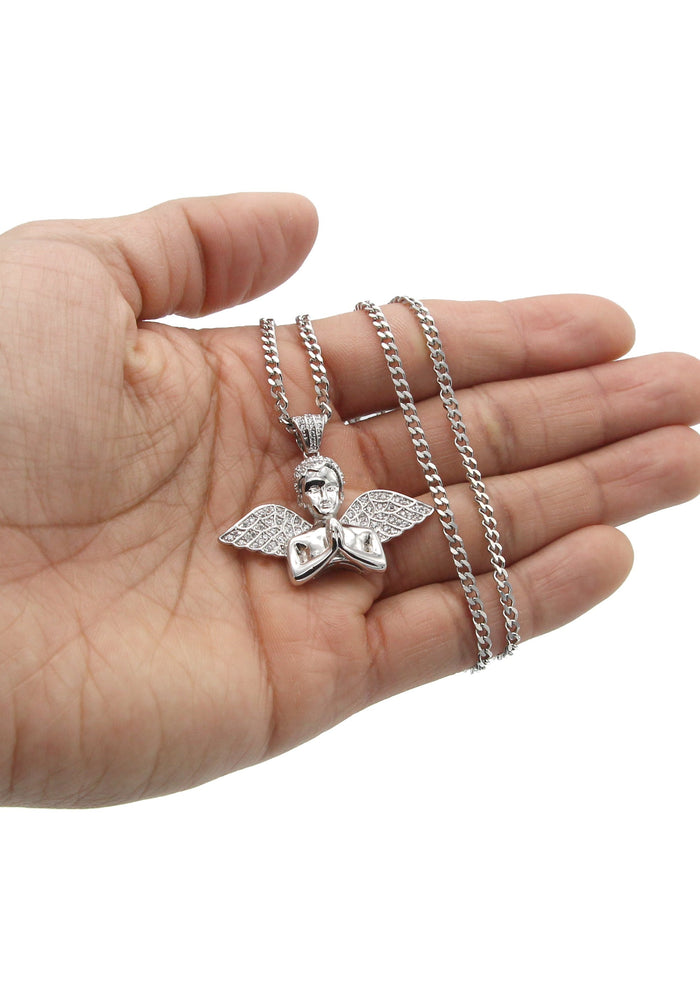 White Gold Plated Cuban Link Chain & Angel Pendant | Appx. 19.4 Grams