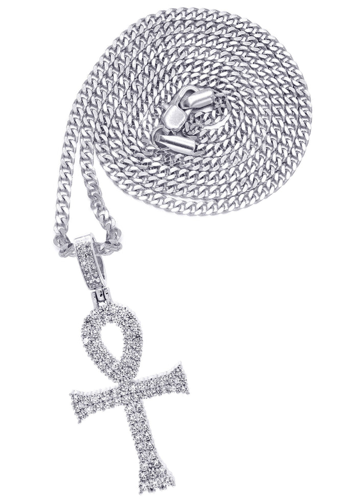 White Gold Plated Cuban Link Chain & Ankh Pendant | Appx. 15.1 Grams