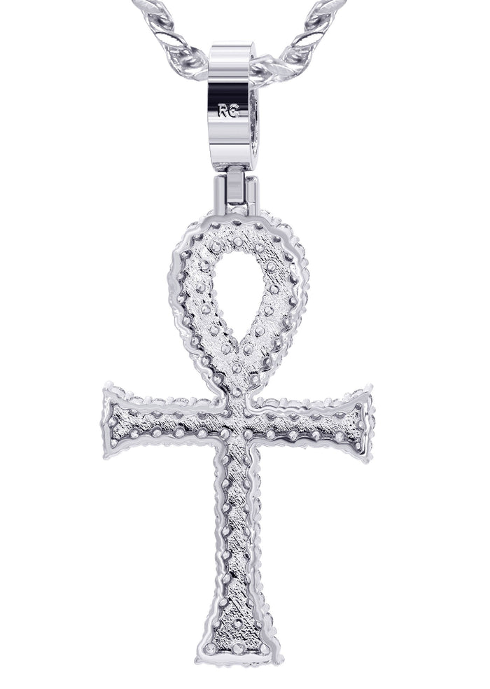White Gold Plated Cuban Link Chain & Ankh Pendant | Appx. 15.1 Grams