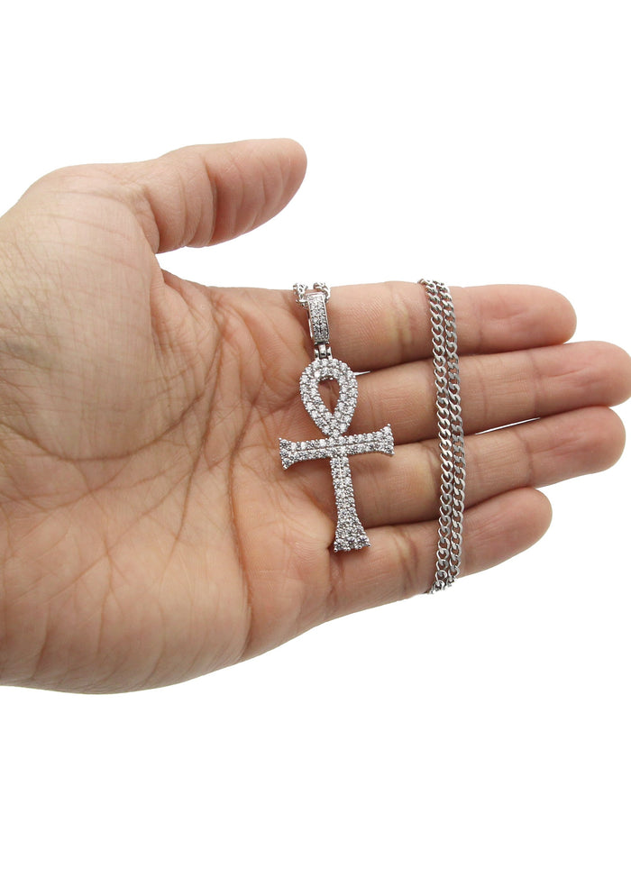 White Gold Plated Cuban Link Chain & Ankh Pendant | Appx. 15.1 Grams