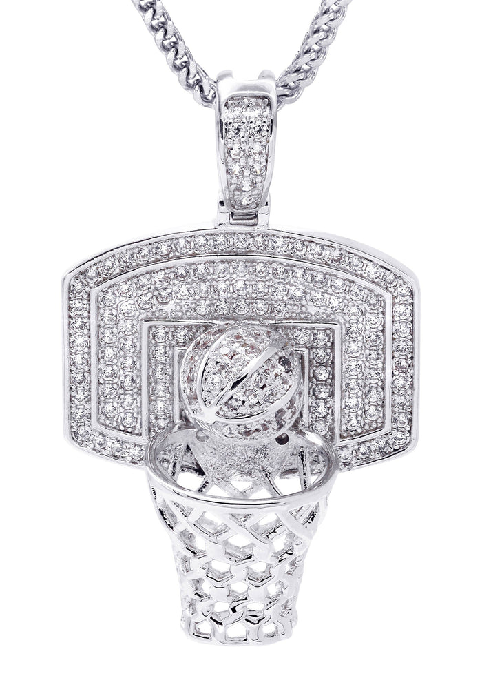 White Gold Plated Cuban Link Chain & Basketball Pendant | Appx. 27.3 Grams