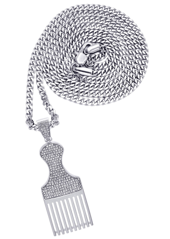 White Gold Plated Cuban Link Chain & Comb Pendant | Appx. 18 Grams