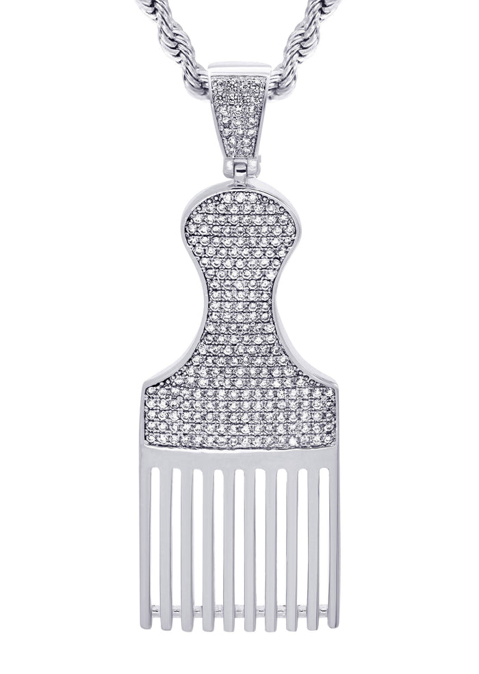 White Gold Plated Cuban Link Chain & Comb Pendant | Appx. 18 Grams