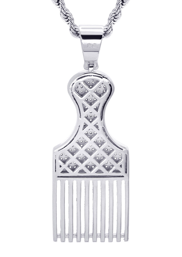 White Gold Plated Cuban Link Chain & Comb Pendant | Appx. 18 Grams