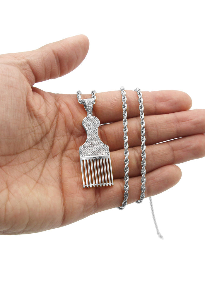 White Gold Plated Cuban Link Chain & Comb Pendant | Appx. 18 Grams