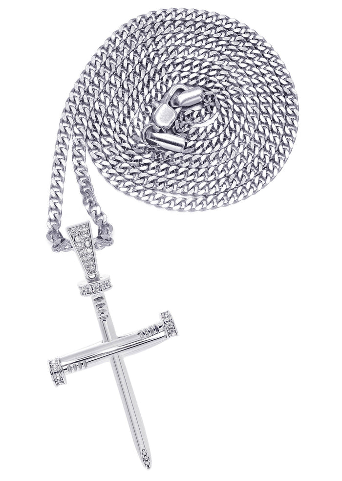 White Gold Plated Cuban Link Chain & Cross Pendant | Appx. 14.5 Grams