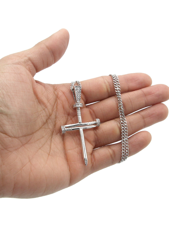 White Gold Plated Cuban Link Chain & Cross Pendant | Appx. 14.5 Grams