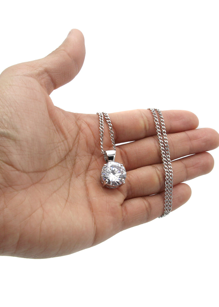 White Gold Plated Cuban Link Chain & Cubic Zirconia Pendant | Appx. 16.3 Grams
