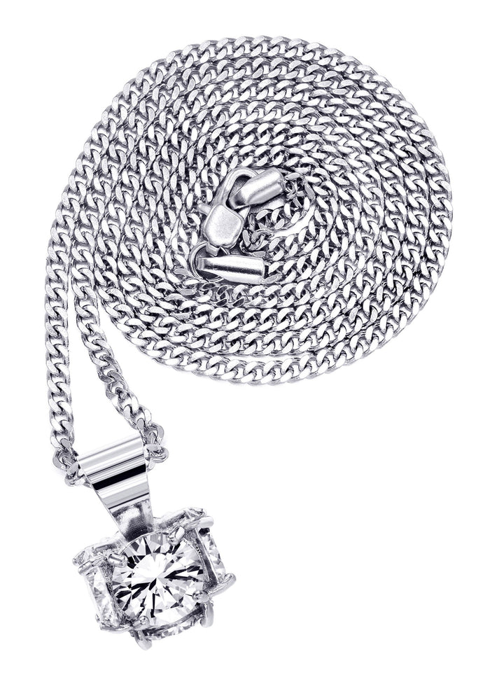 White Gold Plated Cuban Link Chain & Cubic Zirconia Pendant | Appx. 19 Grams