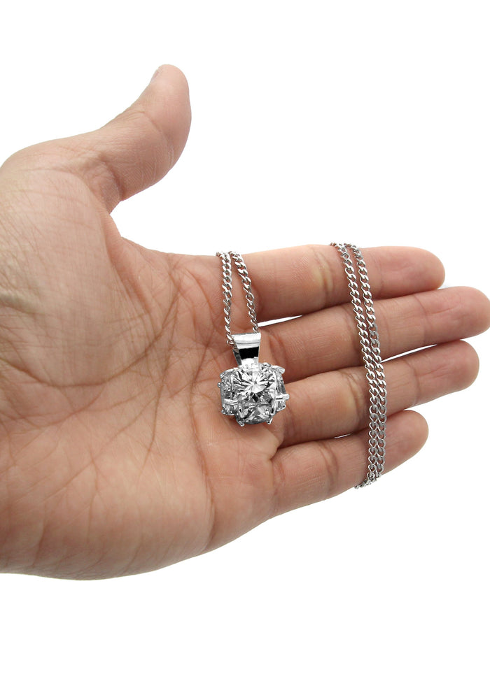 White Gold Plated Cuban Link Chain & Cubic Zirconia Pendant | Appx. 19 Grams