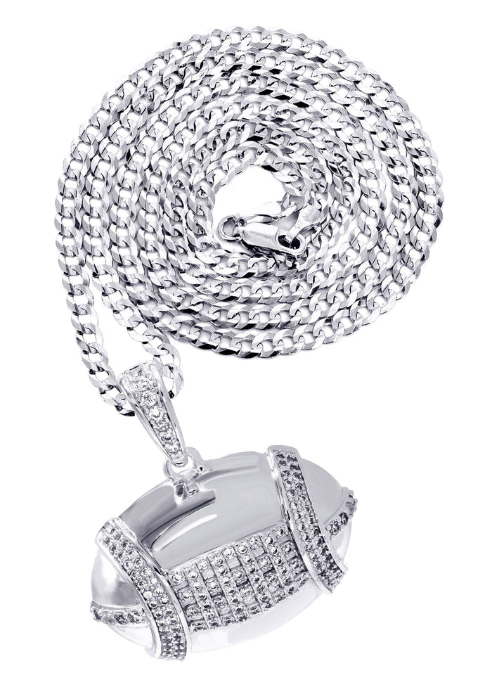 White Gold Plated Cuban Link Chain & Football Pendant | Appx. 15.3 Grams