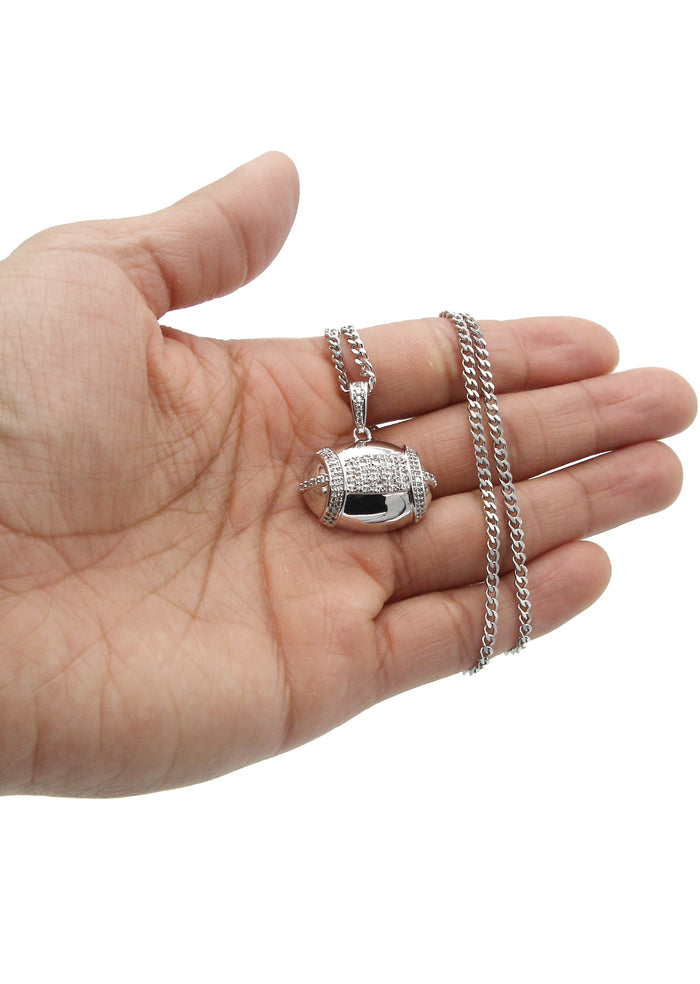 White Gold Plated Cuban Link Chain & Football Pendant | Appx. 15.3 Grams