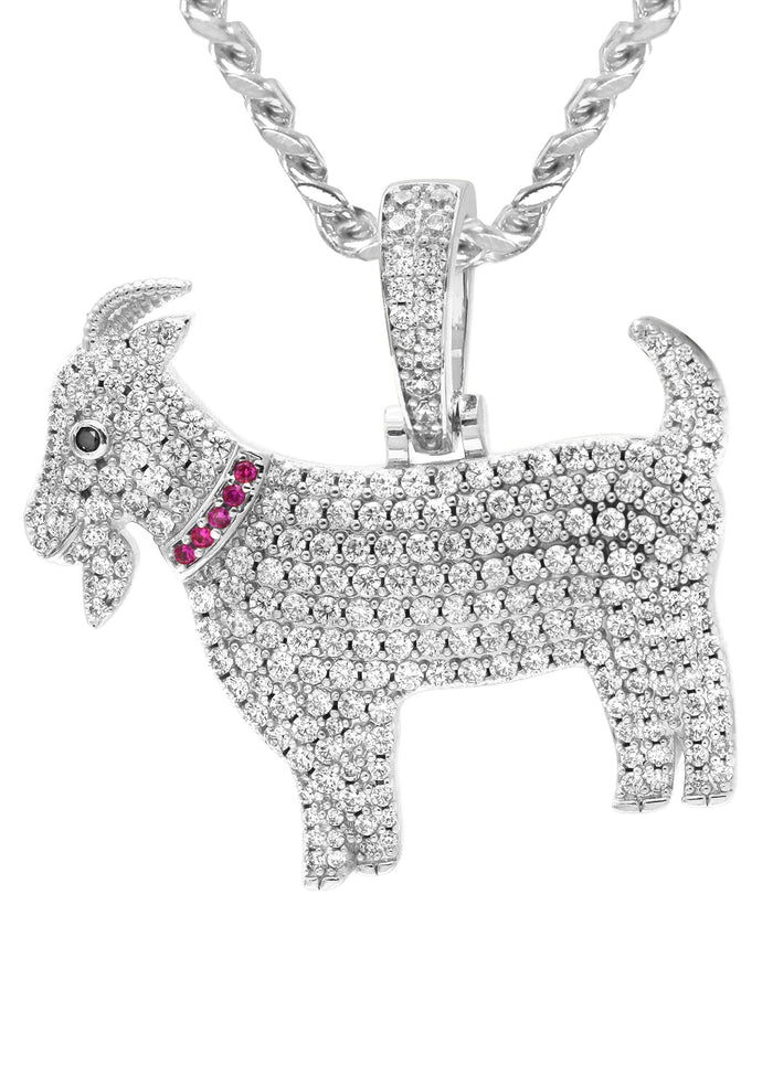 White Gold Plated Cuban Link Chain & Goat Pendant | Appx. 14.5 Grams