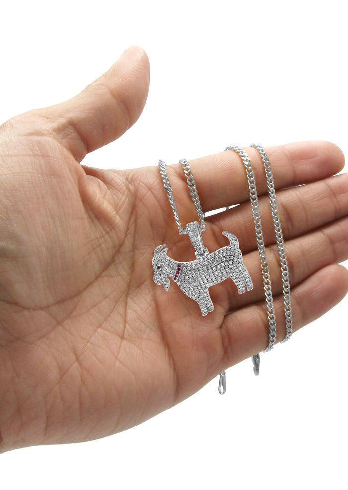 White Gold Plated Cuban Link Chain & Goat Pendant | Appx. 14.5 Grams