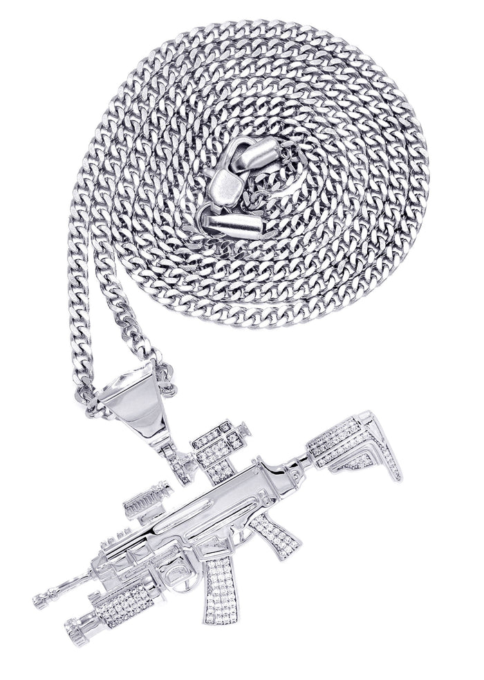 White Gold Plated Cuban Link Chain & Gun Pendant | Appx. 31.9 Grams