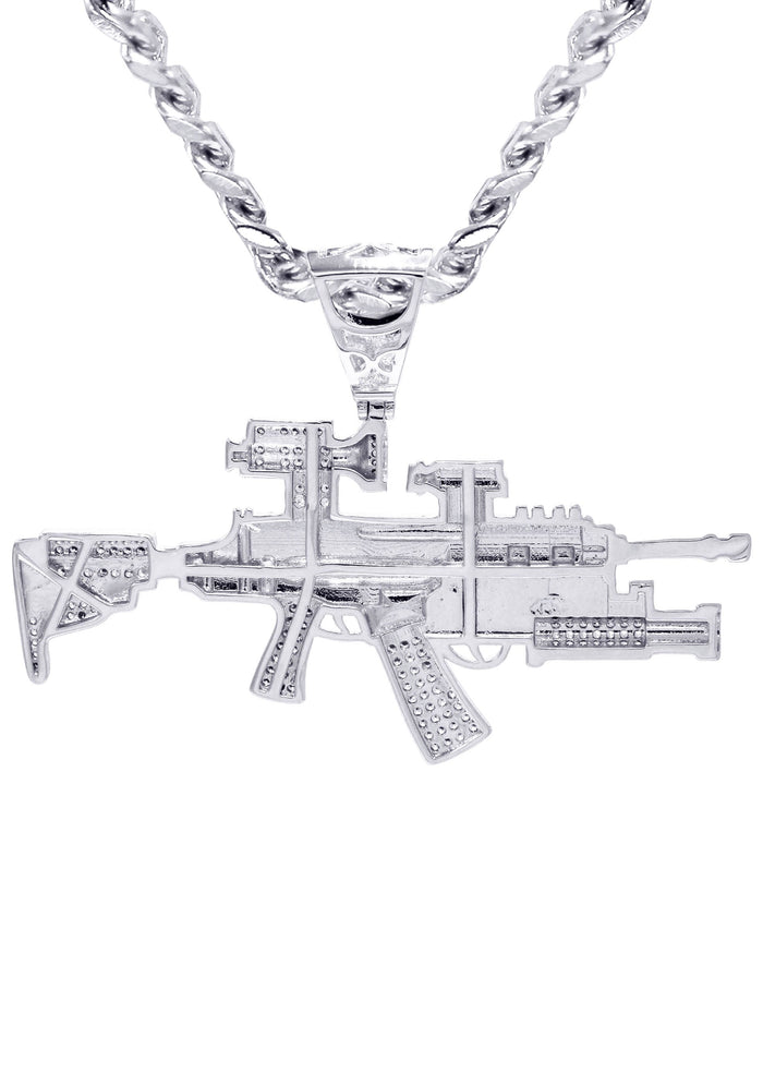 White Gold Plated Cuban Link Chain & Gun Pendant | Appx. 31.9 Grams
