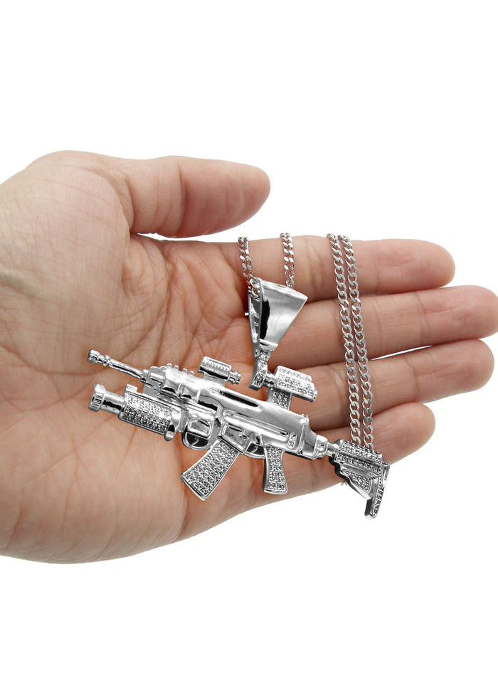White Gold Plated Cuban Link Chain & Gun Pendant | Appx. 31.9 Grams