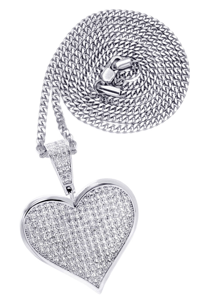 White Gold Plated Cuban Link Chain & Heart Pendant | Appx. 19.5 Grams