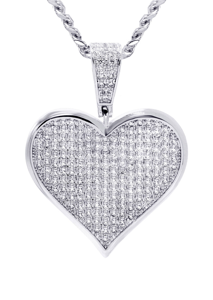 White Gold Plated Cuban Link Chain & Heart Pendant | Appx. 19.5 Grams