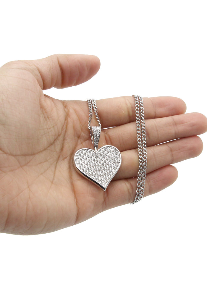 White Gold Plated Cuban Link Chain & Heart Pendant | Appx. 19.5 Grams
