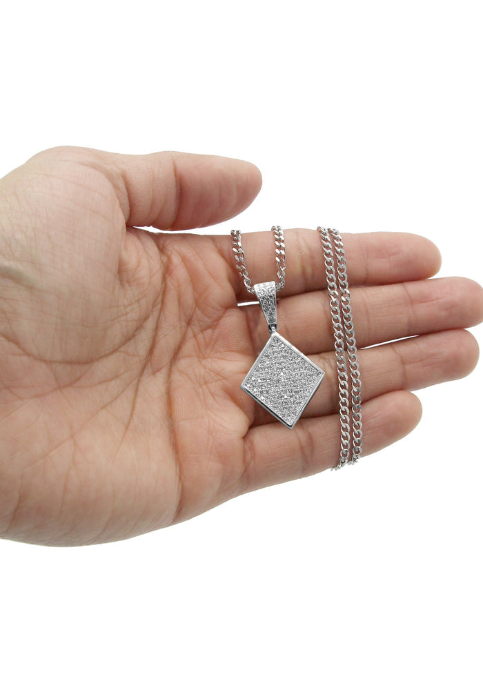 White Gold Plated Cuban Link Chain & Iced Out Pendant | Appx. 16.1 Grams