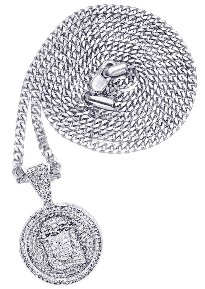 White Gold Plated Cuban Link Chain & Jesus Head Pendant | Appx. 15 Grams