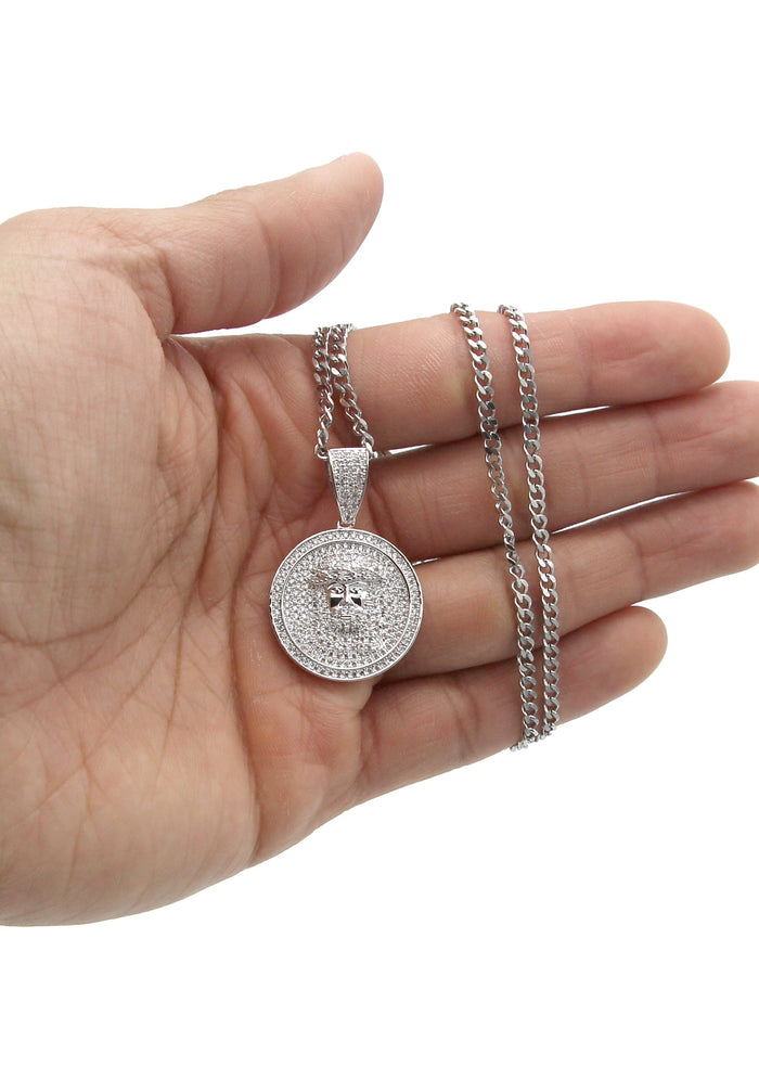 White Gold Plated Cuban Link Chain & Jesus Head Pendant | Appx. 15 Grams