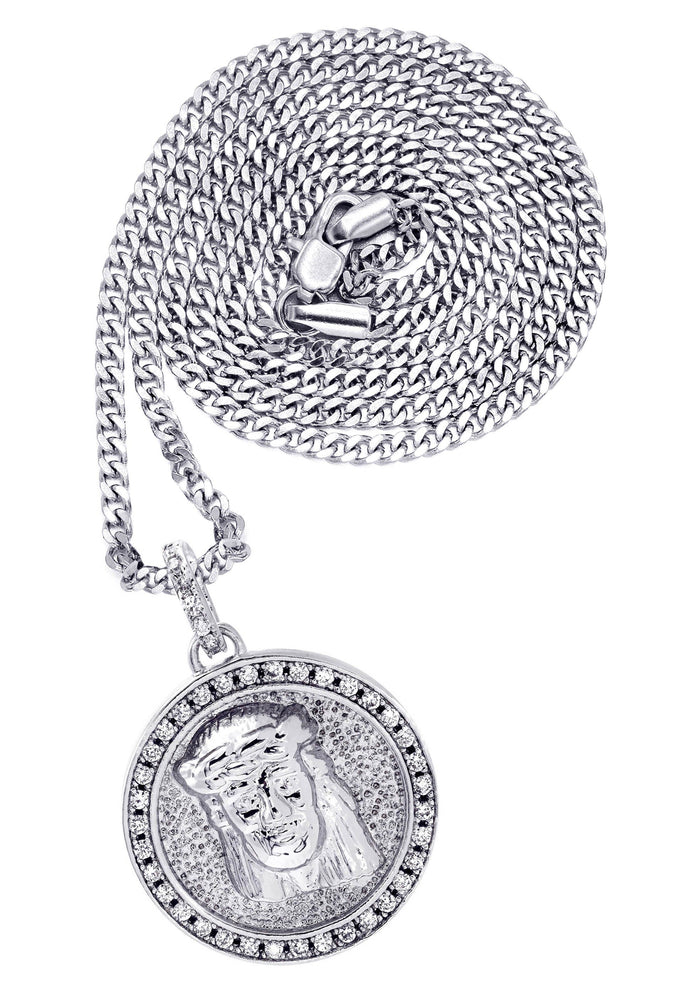 White Gold Plated Cuban Link Chain & Jesus Head Pendant | Appx. 15.8 Grams