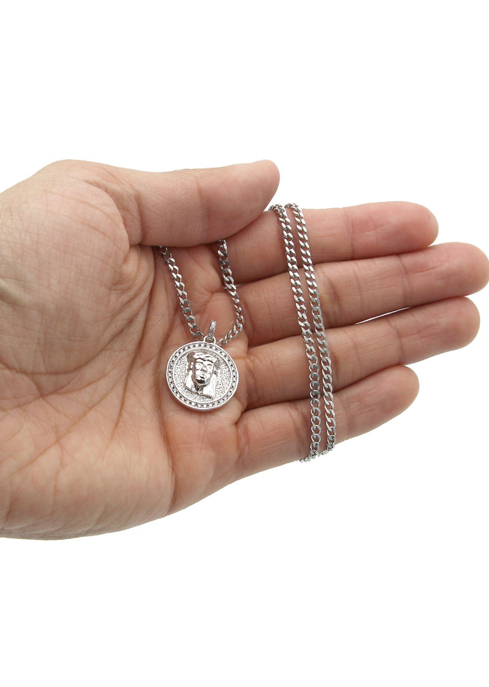 White Gold Plated Cuban Link Chain & Jesus Head Pendant | Appx. 15.8 Grams