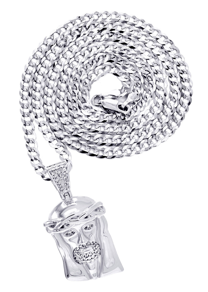 White Gold Plated Cuban Link Chain & Jesus Head Pendant | Appx. 20.1 Grams