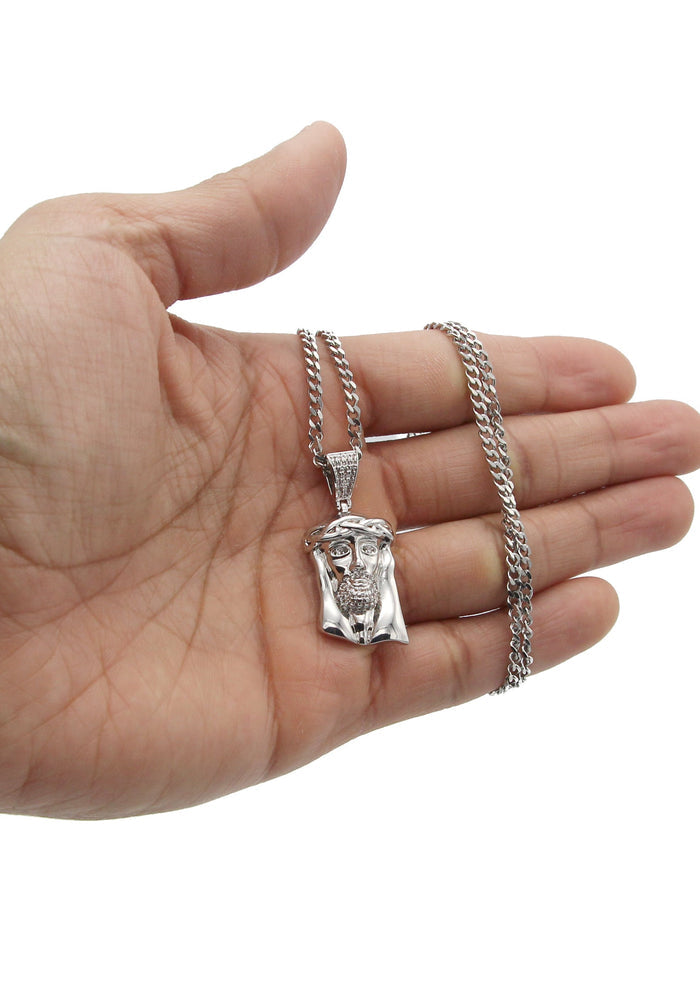White Gold Plated Cuban Link Chain & Jesus Head Pendant | Appx. 20.1 Grams