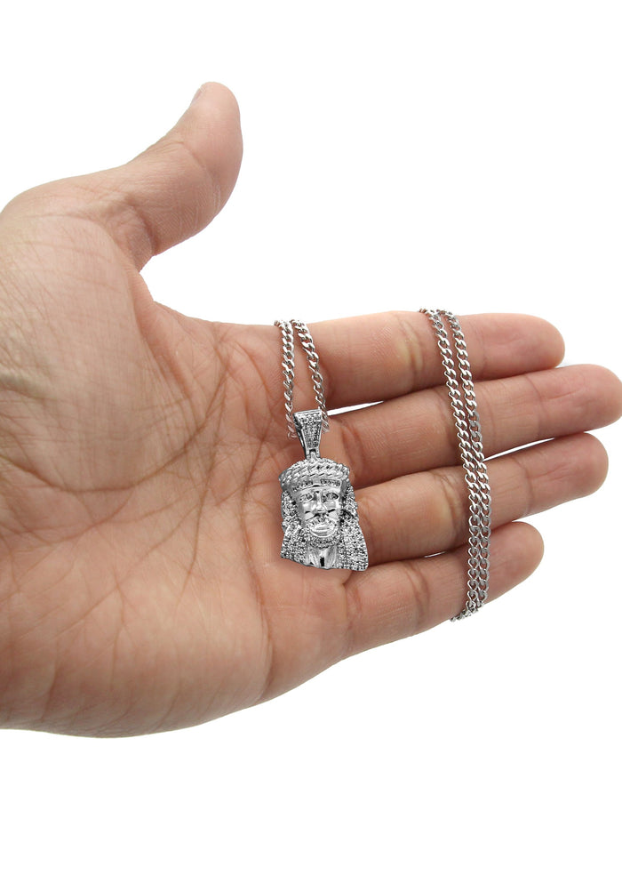 White Gold Plated Cuban Link Chain & Jesus Head Pendant | Appx. 22.7 Grams