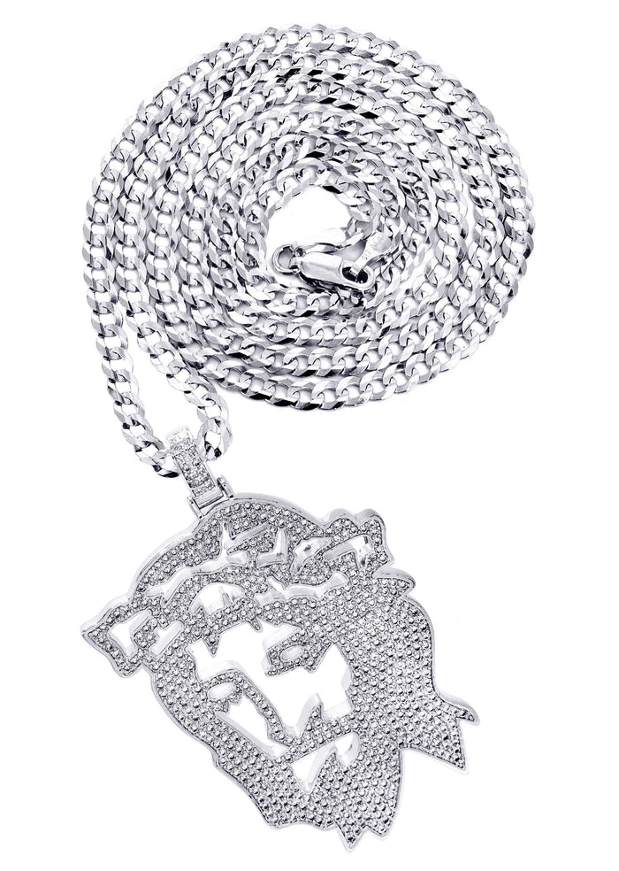 White Gold Plated Cuban Link Chain & Jesus Head Pendant | Appx. 46.5 Grams