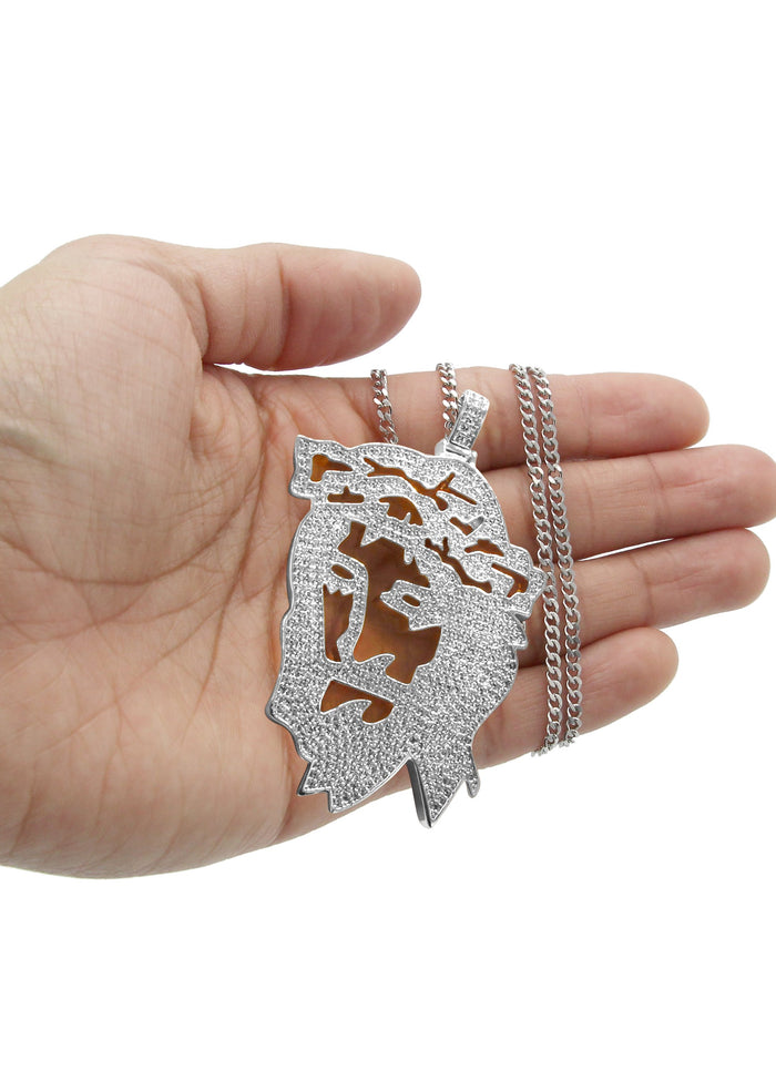 White Gold Plated Cuban Link Chain & Jesus Head Pendant | Appx. 46.5 Grams