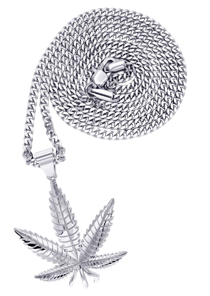 White Gold Plated Cuban Link Chain & Marihuana Leaf Pendant | Appx. 17.4 Grams
