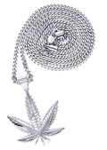 White Gold Plated Cuban Link Chain & Marihuana Leaf Pendant | Appx. 17.4 Grams