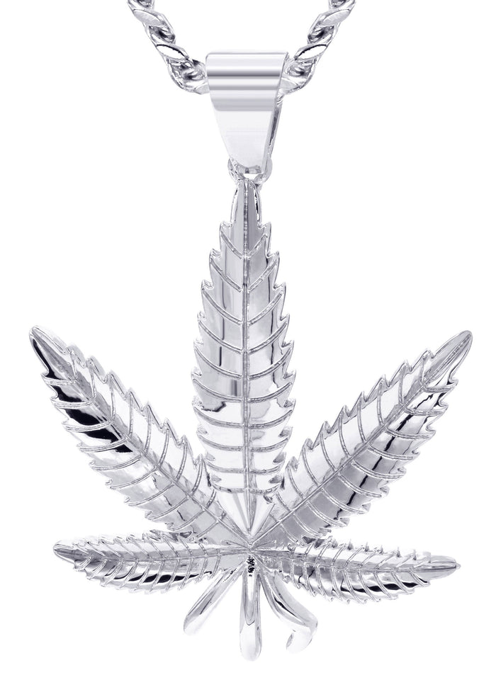 White Gold Plated Cuban Link Chain & Marihuana Leaf Pendant | Appx. 17.4 Grams