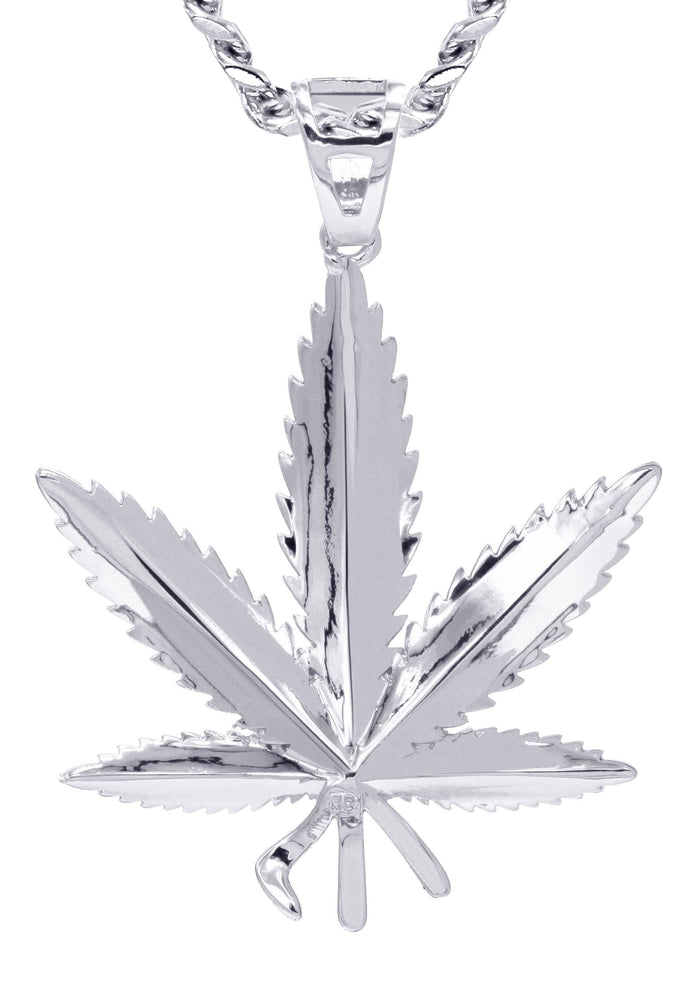 White Gold Plated Cuban Link Chain & Marihuana Leaf Pendant | Appx. 17.4 Grams