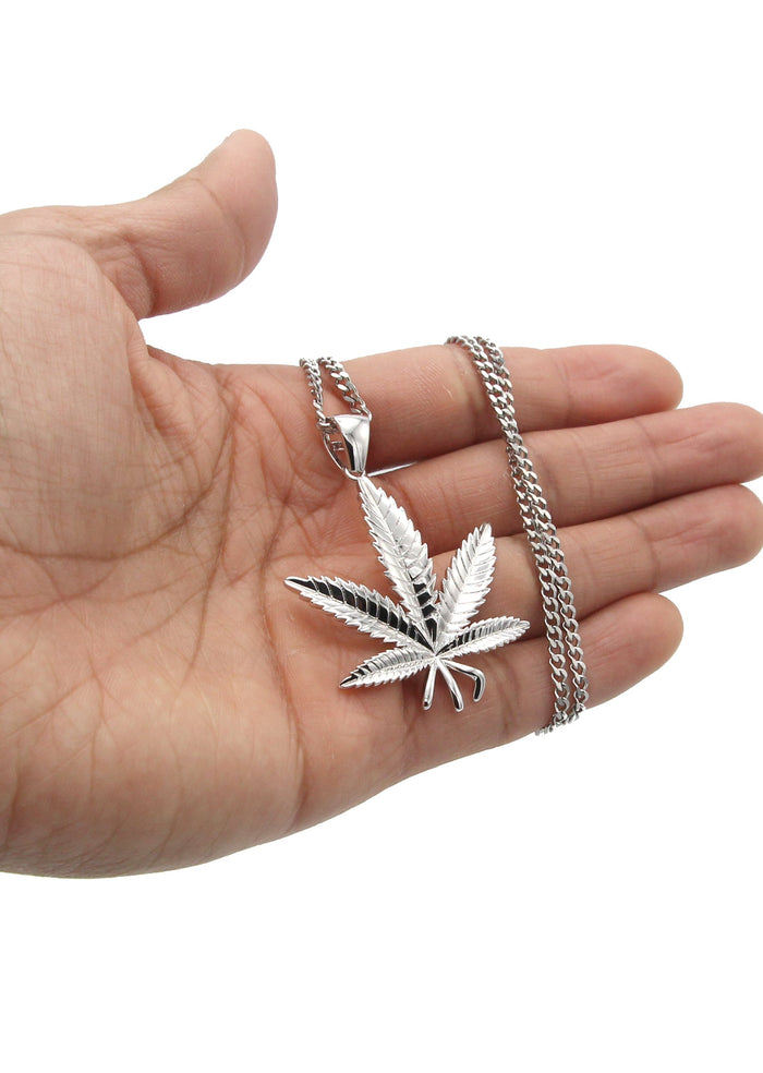 White Gold Plated Cuban Link Chain & Marihuana Leaf Pendant | Appx. 17.4 Grams
