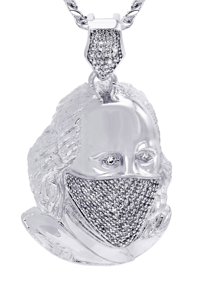 White Gold Plated Cuban Link Chain & Masked Benjamin Franklin Pendant | Appx. 31.7 Grams