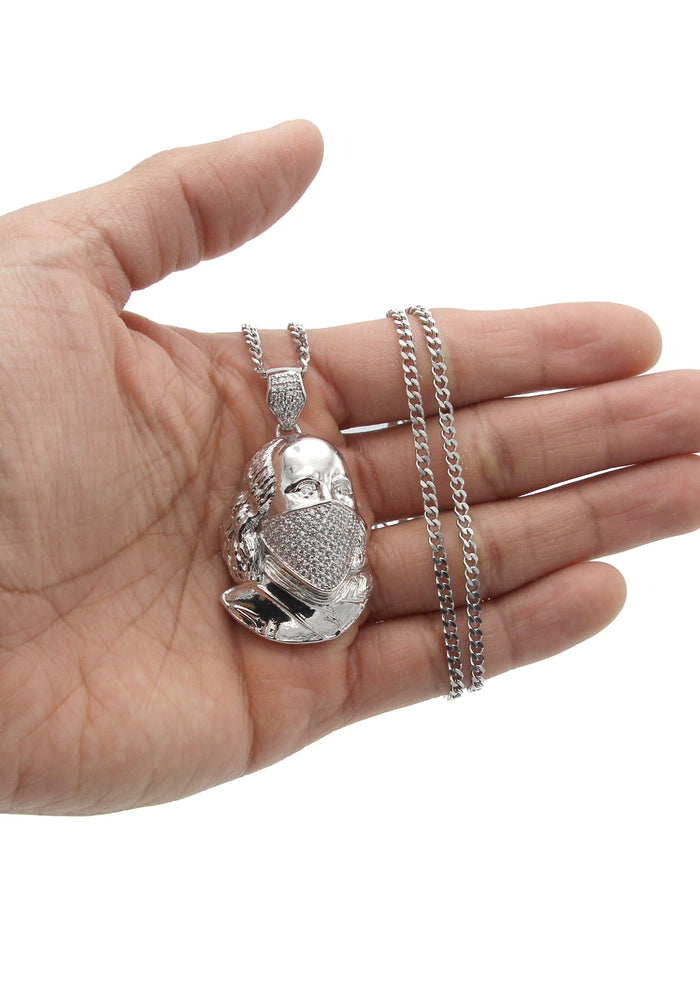 White Gold Plated Cuban Link Chain & Masked Benjamin Franklin Pendant | Appx. 31.7 Grams