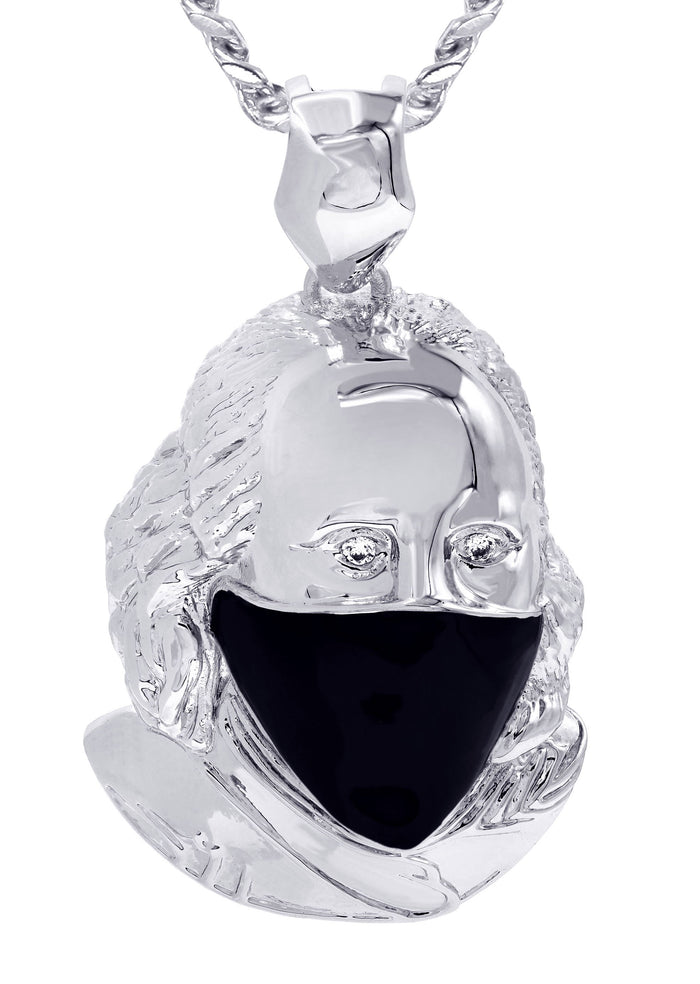 White Gold Plated Cuban Link Chain & Masked Benjamin Franklin Pendant | Appx. 32.1 Grams