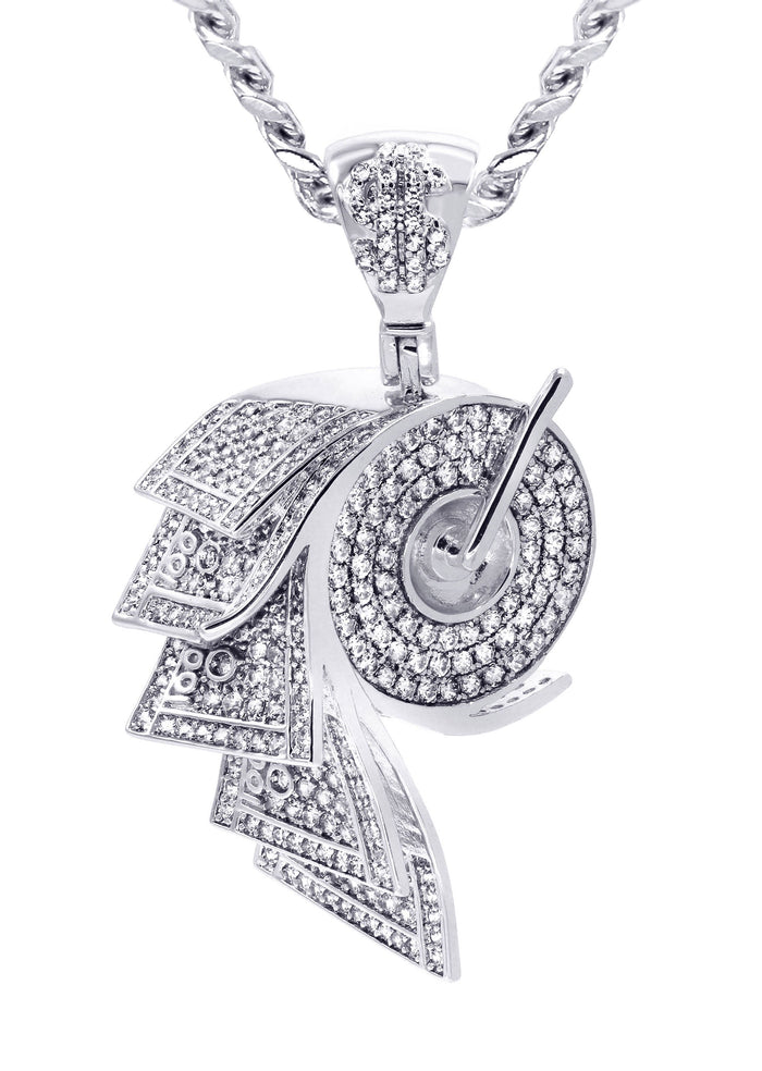 White Gold Plated Cuban Link Chain & Money Roll Pendant | Appx. 18 Grams