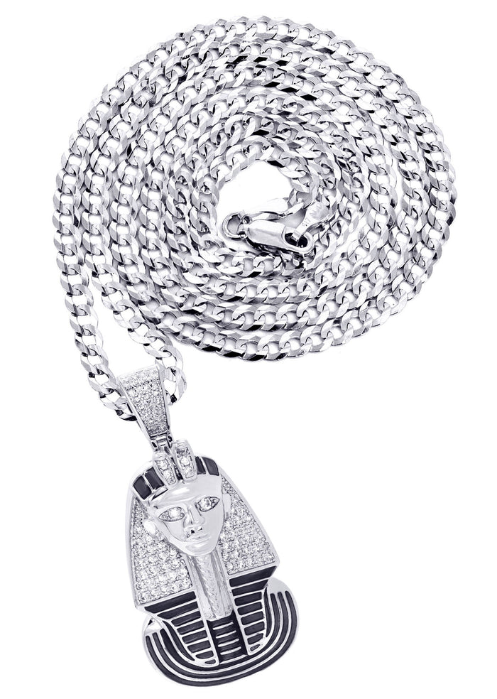 White Gold Plated Cuban Link Chain & Pharaoh Pendant | Appx. 16 Grams