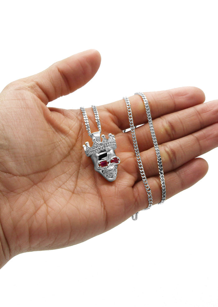 White Gold Plated Cuban Link Chain & Skull Pendant | Appx. 21 Grams