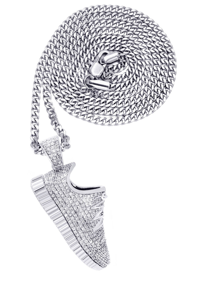 White Gold Plated Cuban Link Chain & Sneaker Pendant | Appx. 30.9 Grams