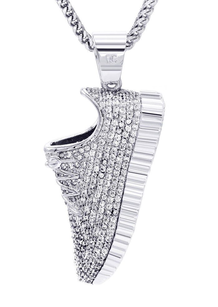 White Gold Plated Cuban Link Chain & Sneaker Pendant | Appx. 30.9 Grams