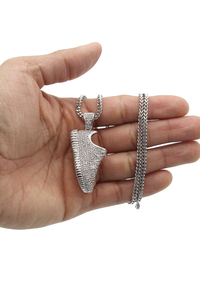 White Gold Plated Cuban Link Chain & Sneaker Pendant | Appx. 30.9 Grams