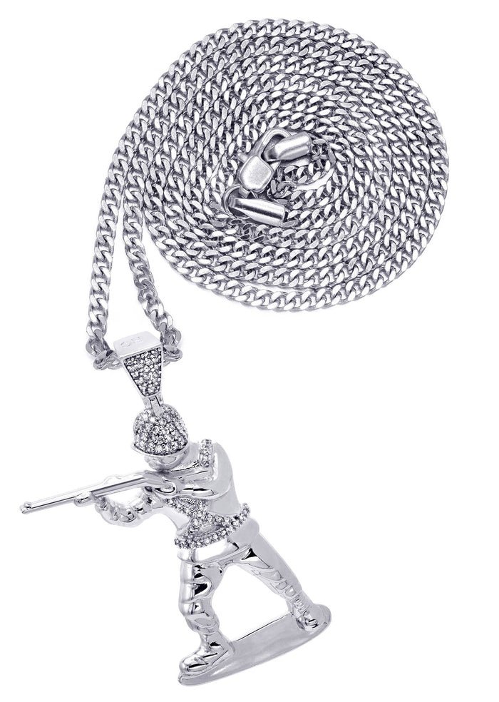 White Gold Plated Cuban Link Chain & Soldier Pendant | Appx. 14.3 Grams