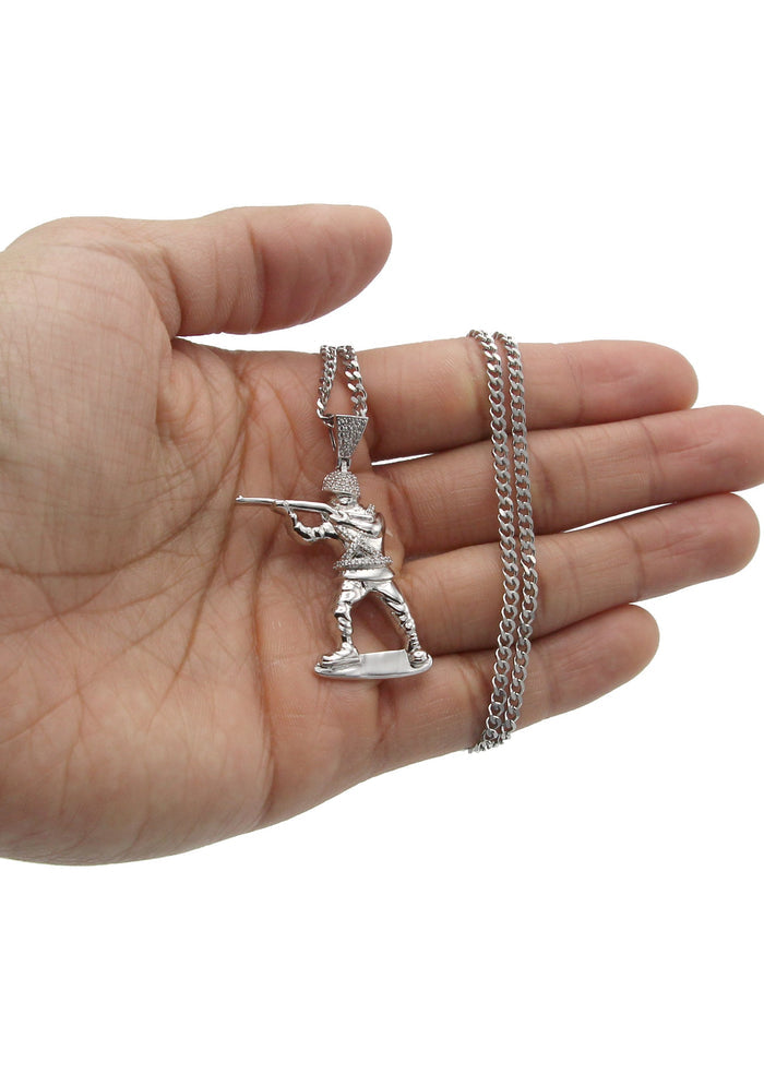 White Gold Plated Cuban Link Chain & Soldier Pendant | Appx. 14.3 Grams